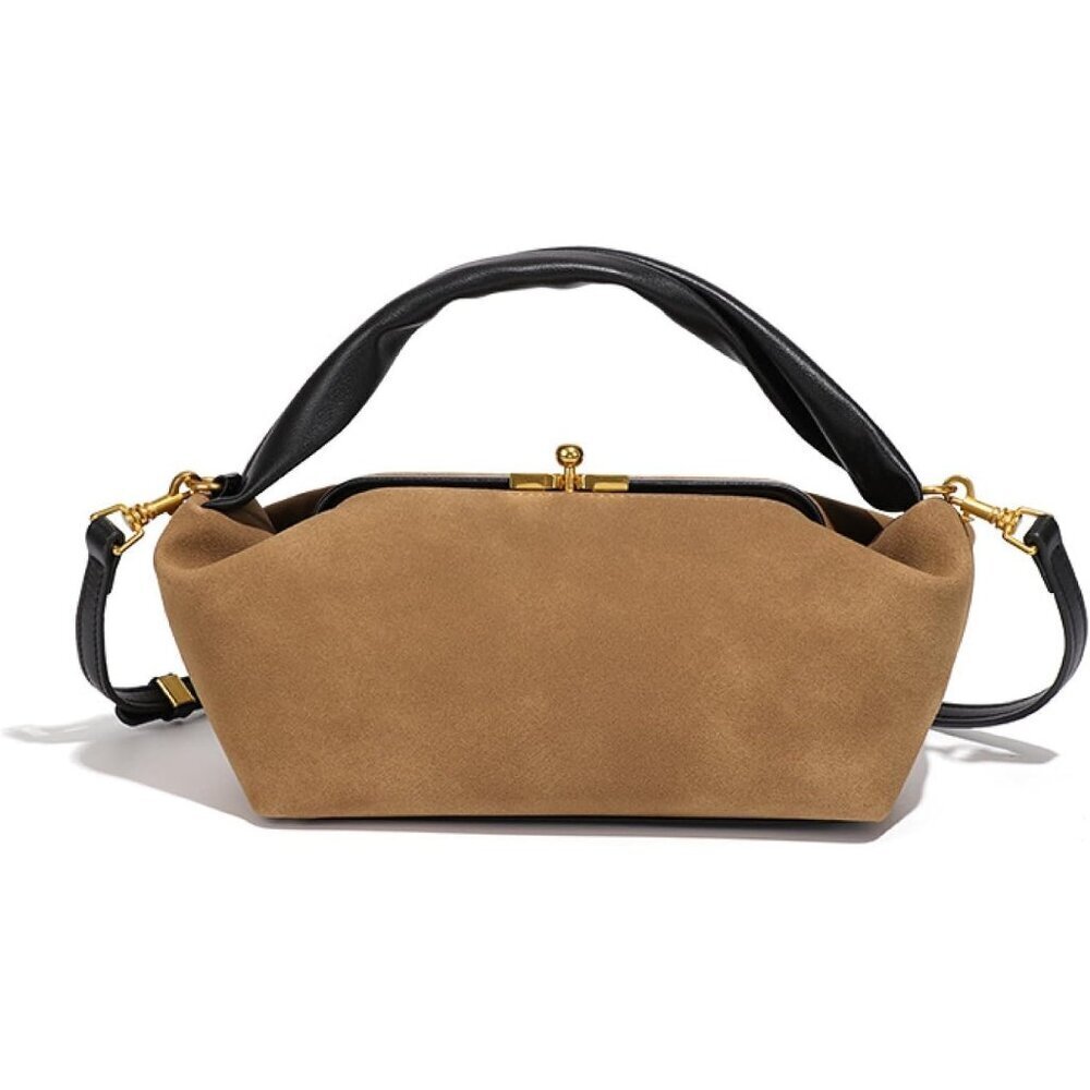 Women's Khaki Faux Suede Vintage Slouchy Soft Satchel Kiss Lock Hobo Handbag